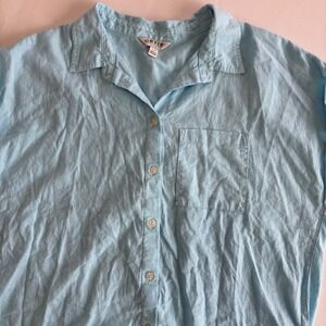 Orvis Womens LRG Lt Blue Sleeveless Linen Blend Button Up Blouse Beachy Relaxed